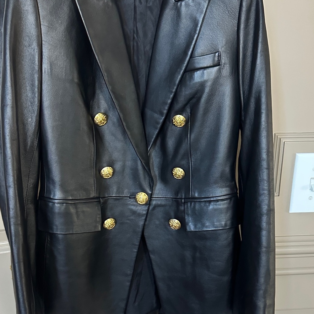 Veronica Beard Black Gaya Leather Dickey Jacket with Gold Buttons - Picture 4 of 6